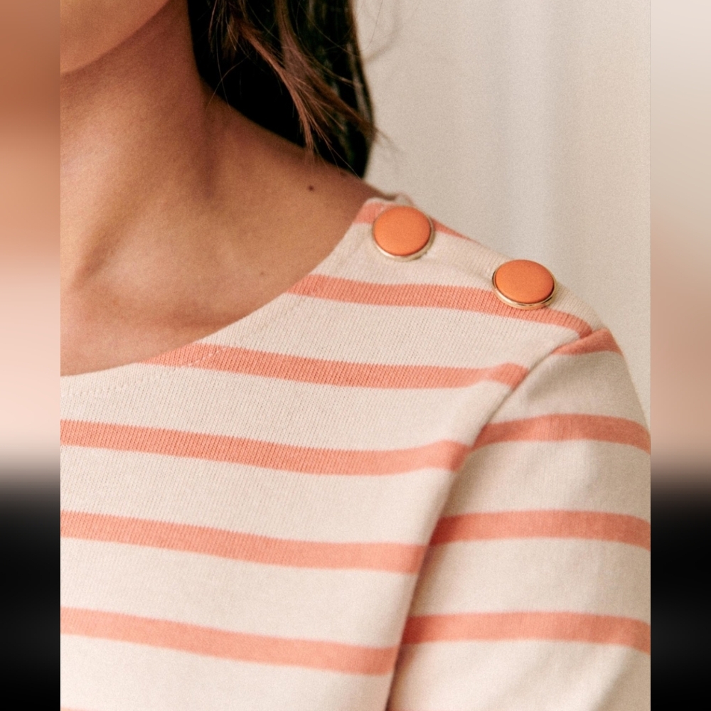 Sezane Colette 100% Organic Cotton Orange and White Striped Long Sleeve Tee - Picture 3 of 4